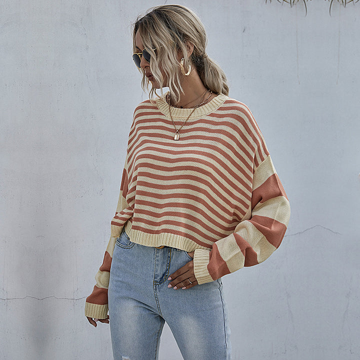Damen Gestreifter Oversize-Cropped-Strickpullover mit Raglanärmeln und gerippten Abschlüssen Drune