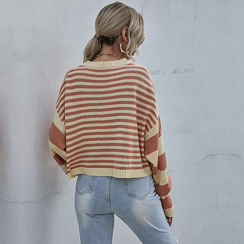 Damen Gestreifter Oversize-Cropped-Strickpullover mit Raglanärmeln und gerippten Abschlüssen Drune