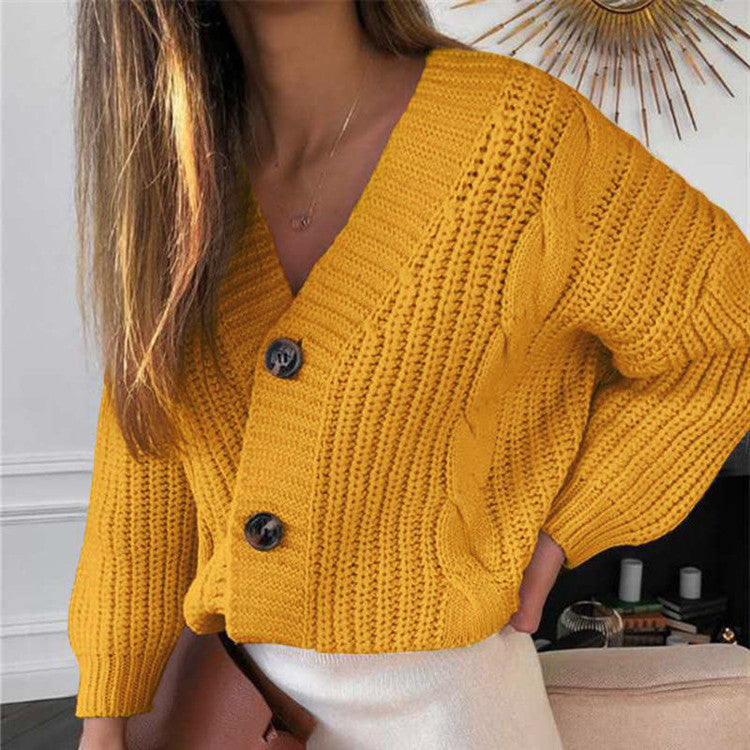 Damen Grobstrickjacke mit V-Ausschnitt und modischen Knöpfen Drune