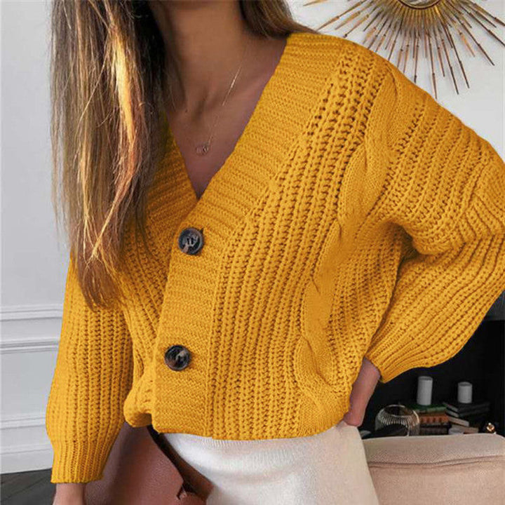 Damen Grobstrickjacke mit V-Ausschnitt und modischen Knöpfen Drune