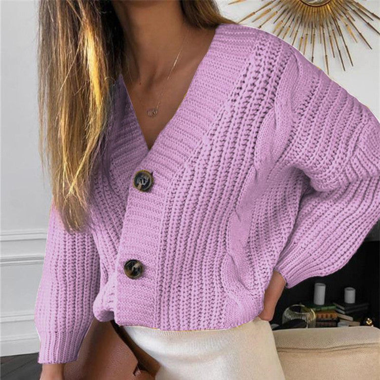 Damen Grobstrickjacke mit V-Ausschnitt und modischen Knöpfen Drune