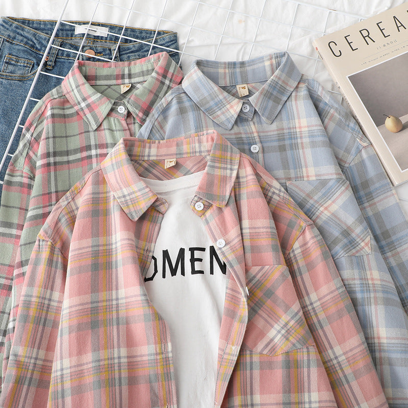 Damen nan lässige oversized Karobluse aus leichtem Baumwollmix mit Brusttasche Drune