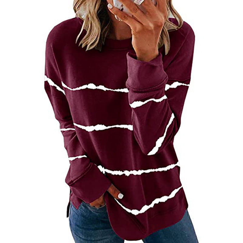 Damen nan lässiges Oversize-Sweatshirt mit wellenförmigem Streifenmuster Rundhals Seitenschlitzen und gerundetem Saum Drune