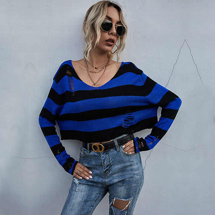 Damen Lässiger Crop-Pullover mit Streifen und Destroyed-Details Drune