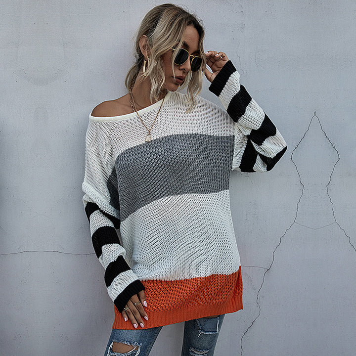 Damen Oversize-Feinstrickpullover im Blockdesign mit Off-Shoulder, gestreiften Ärmeln und geripptem Saum Drune