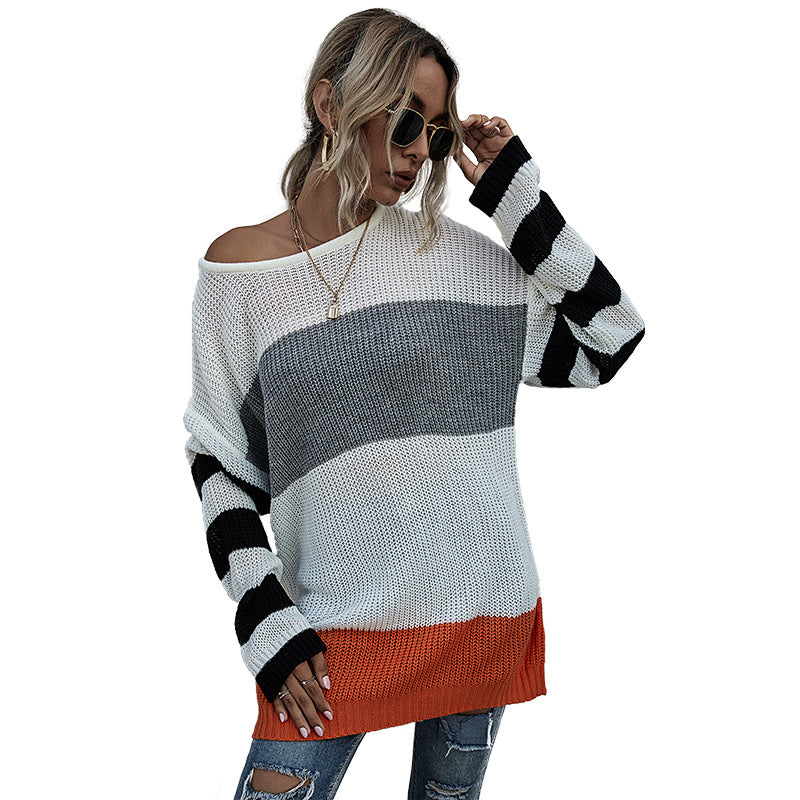 Damen Oversize-Feinstrickpullover im Blockdesign mit Off-Shoulder, gestreiften Ärmeln und geripptem Saum Drune