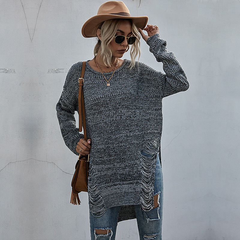 Damen Oversize-Longpullover mit Fransen-Schlitzen und High‑Low-Saum Drune