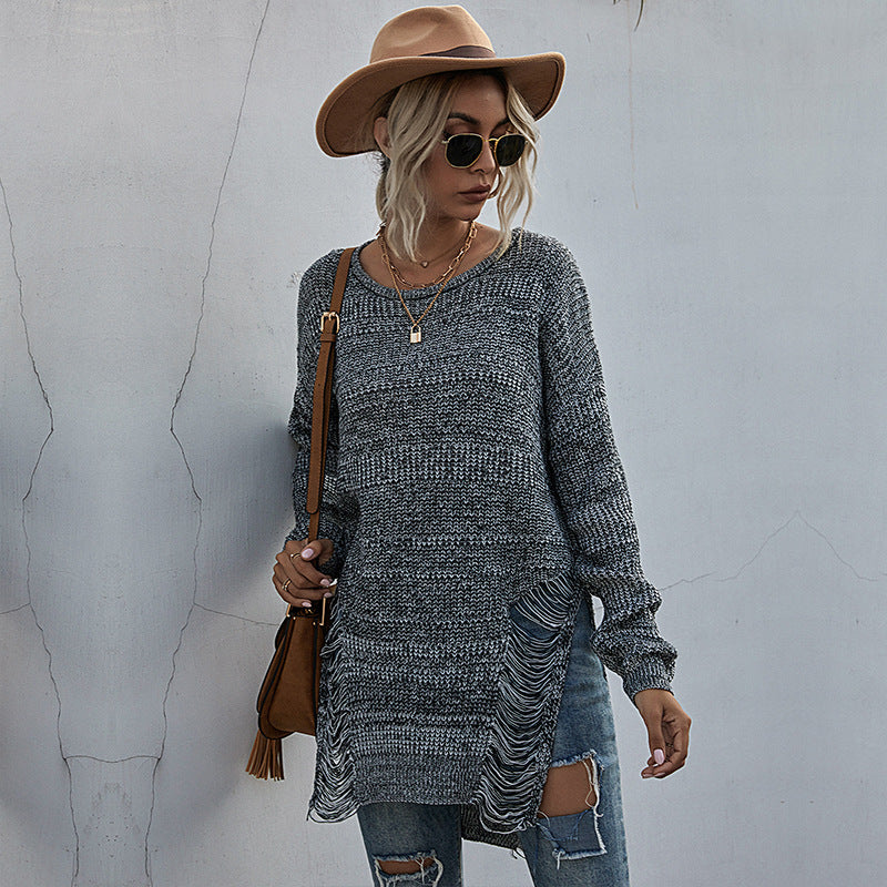 Damen Oversize-Longpullover mit Fransen-Schlitzen und High‑Low-Saum Drune