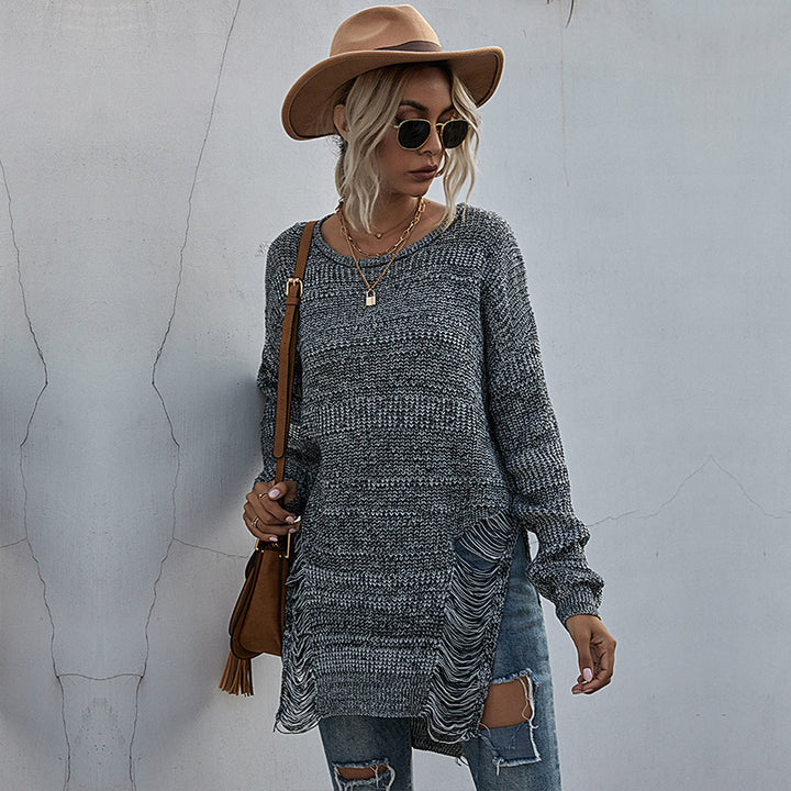 Damen Oversize-Longpullover mit Fransen-Schlitzen und High‑Low-Saum Drune