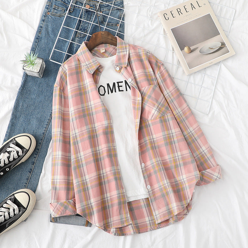 Damen nan lässige oversized Karobluse aus leichtem Baumwollmix mit Brusttasche Drune