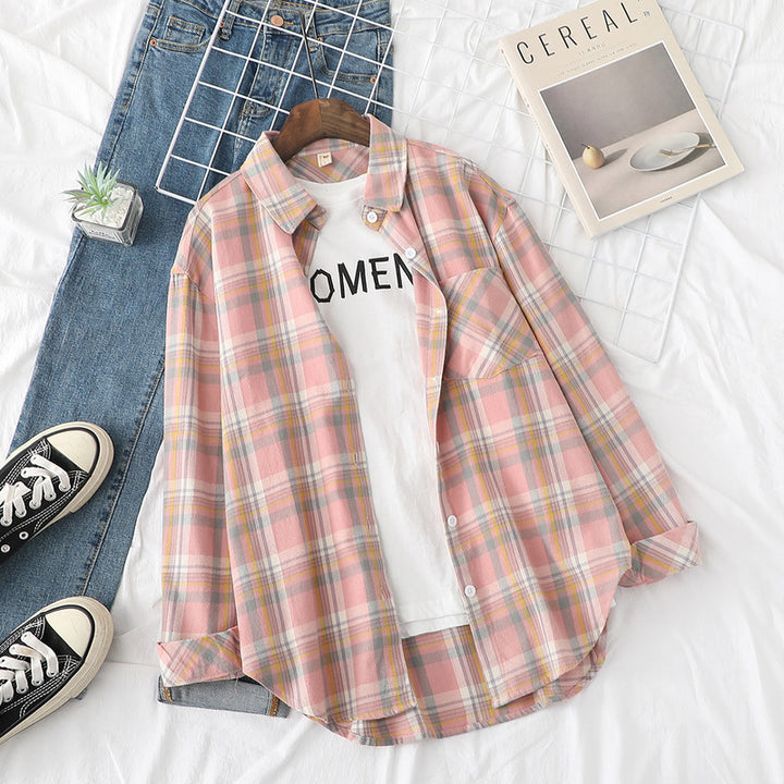 Damen nan lässige oversized Karobluse aus leichtem Baumwollmix mit Brusttasche Drune