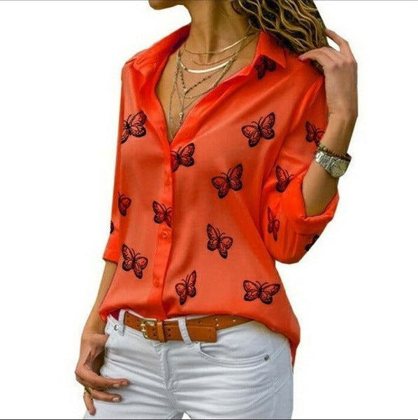 Damen nan lockere Longbluse mit Schmetterlingsprint und Hemdkragen Drune