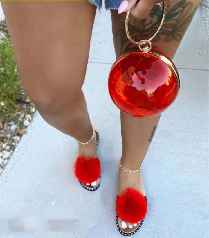Damen nan Pompon-Pantolette mit softem Kunstfellball, Nietenrand und rutschfester Laufsohle Drune