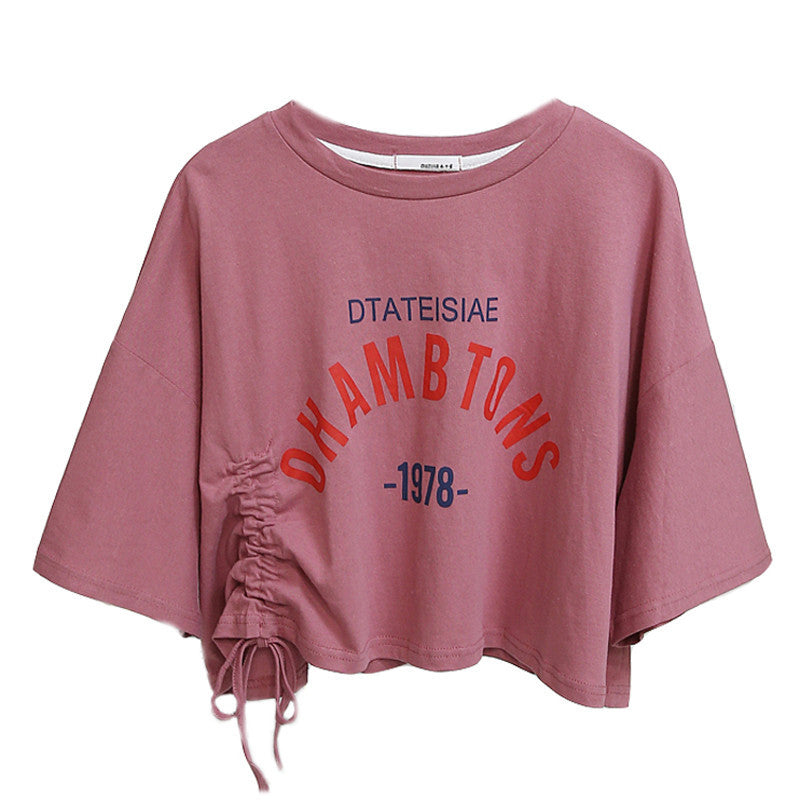 Damen cropped T-Shirt mit lässigem Kordelzug und kreativem Schriftzug Drune