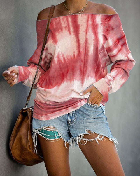 Damen Schulterfreies Batik-Langarmshirt mit weitem Oversize-Schnitt Drune