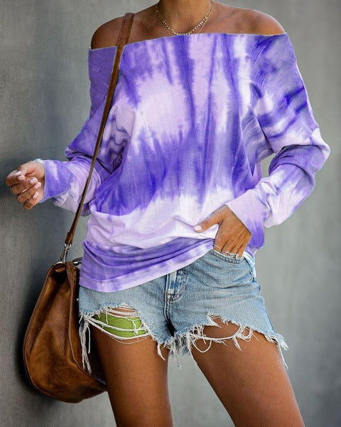 Damen Schulterfreies Batik-Langarmshirt mit weitem Oversize-Schnitt Drune