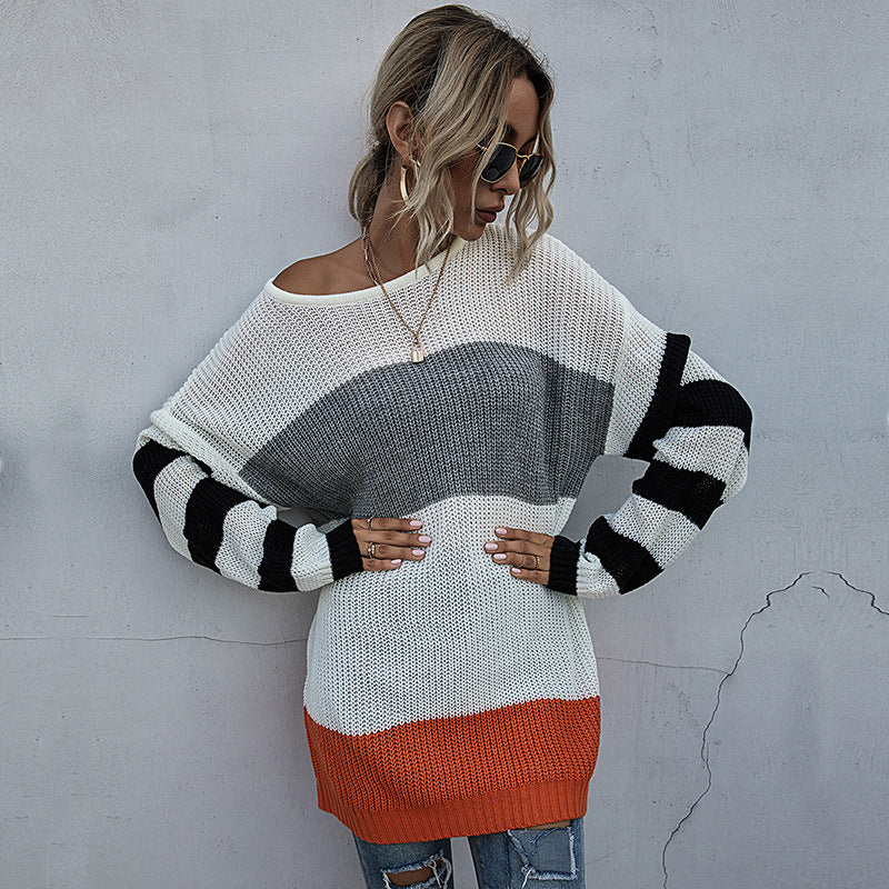 Damen Oversize-Feinstrickpullover im Blockdesign mit Off-Shoulder, gestreiften Ärmeln und geripptem Saum Drune