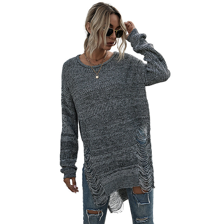 Damen Oversize-Longpullover mit Fransen-Schlitzen und High‑Low-Saum Drune