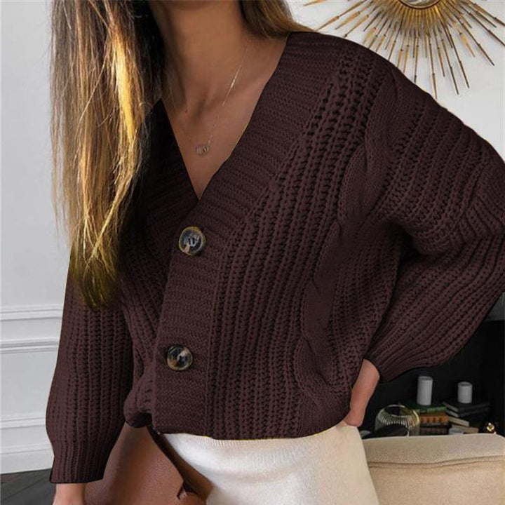 Damen Grobstrickjacke mit V-Ausschnitt und modischen Knöpfen Drune