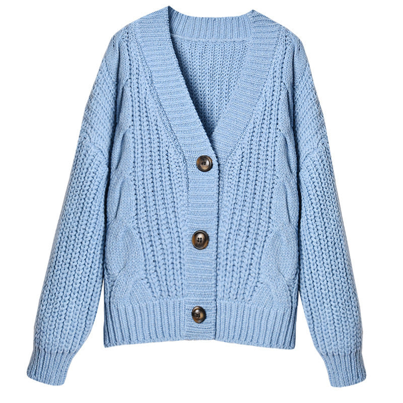 Damen Grobstrickjacke mit V-Ausschnitt und modischen Knöpfen Drune