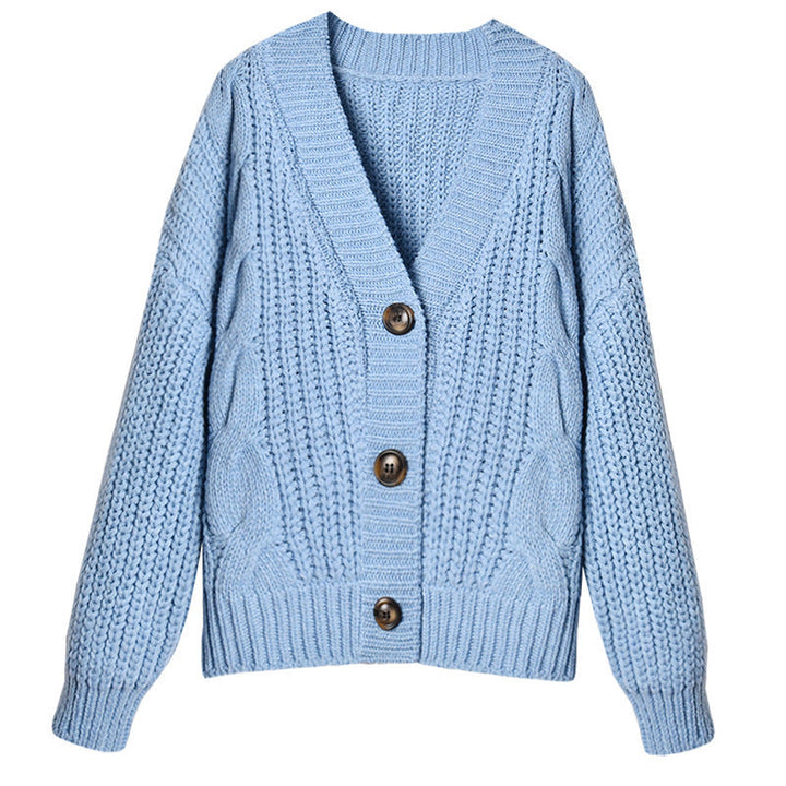 Damen Grobstrickjacke mit V-Ausschnitt und modischen Knöpfen Drune