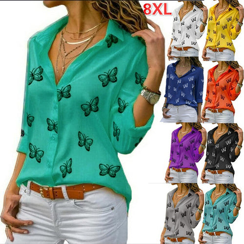 Damen nan lockere Longbluse mit Schmetterlingsprint und Hemdkragen Drune