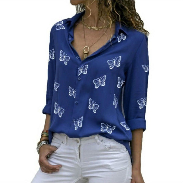 Damen nan lockere Longbluse mit Schmetterlingsprint und Hemdkragen Drune