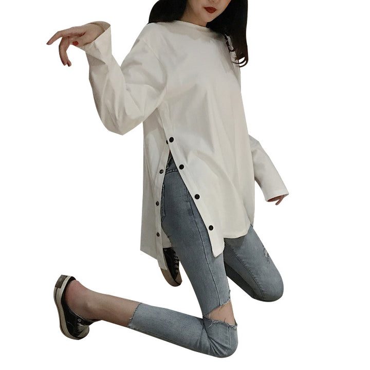 Damen Langarmshirt mit asymmetrischem Schnitt und dekorativen Knöpfen