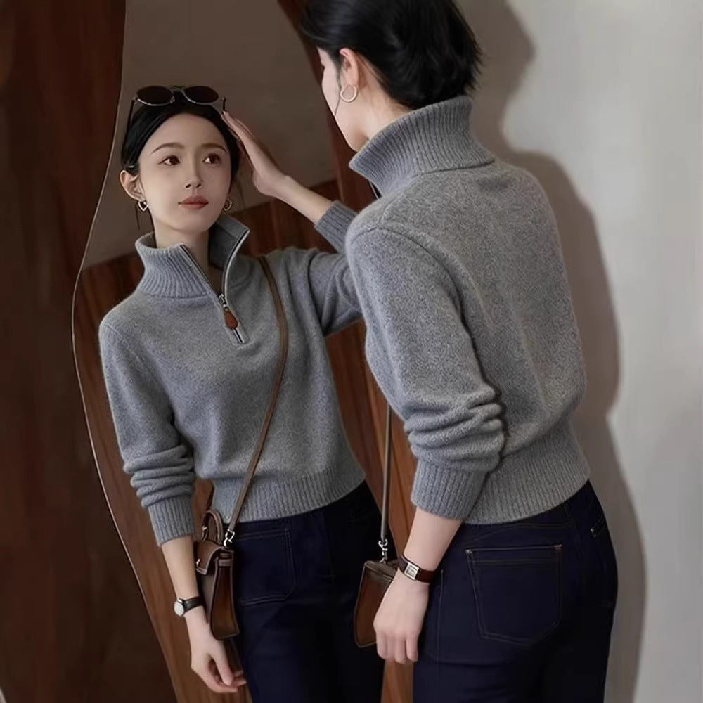 Eleganter Damen-Strickpullover mit halbem Reißverschluss