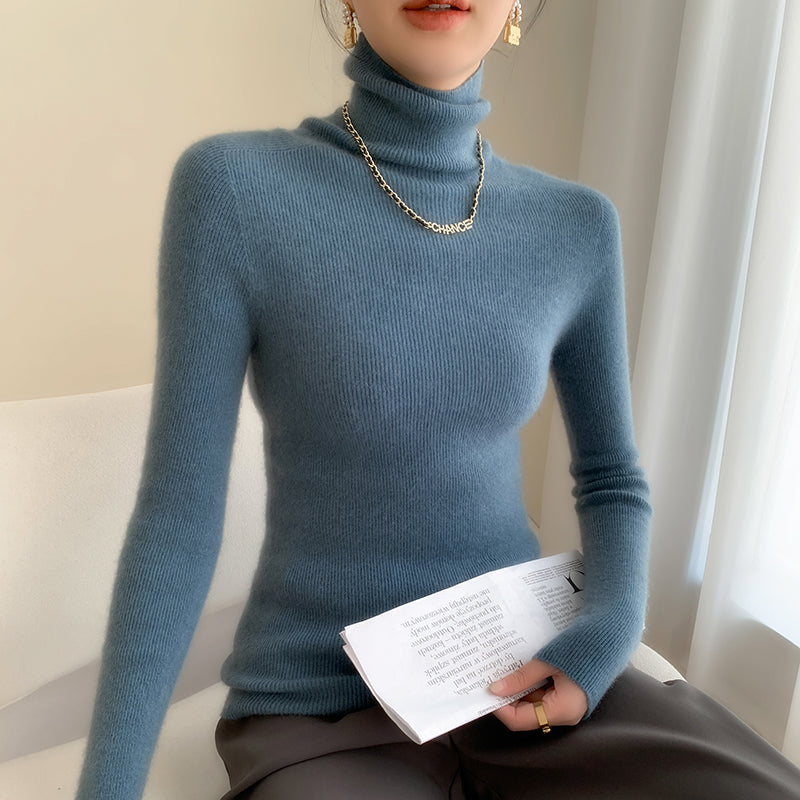 Damen-Rollkragenpullover aus Kaschmir, gerippt, schmal geschnitten