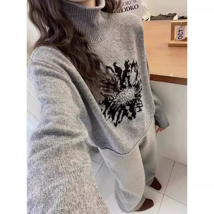 Damen-Rollkragenpullover, Jacquard-Muster, locker