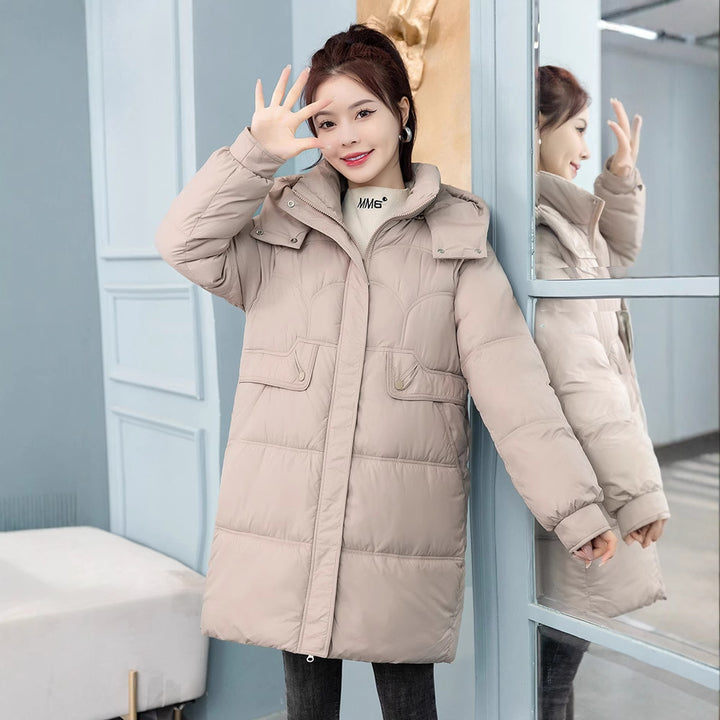 Lange Damen-Steppjacke, wattiert, lockere Passform