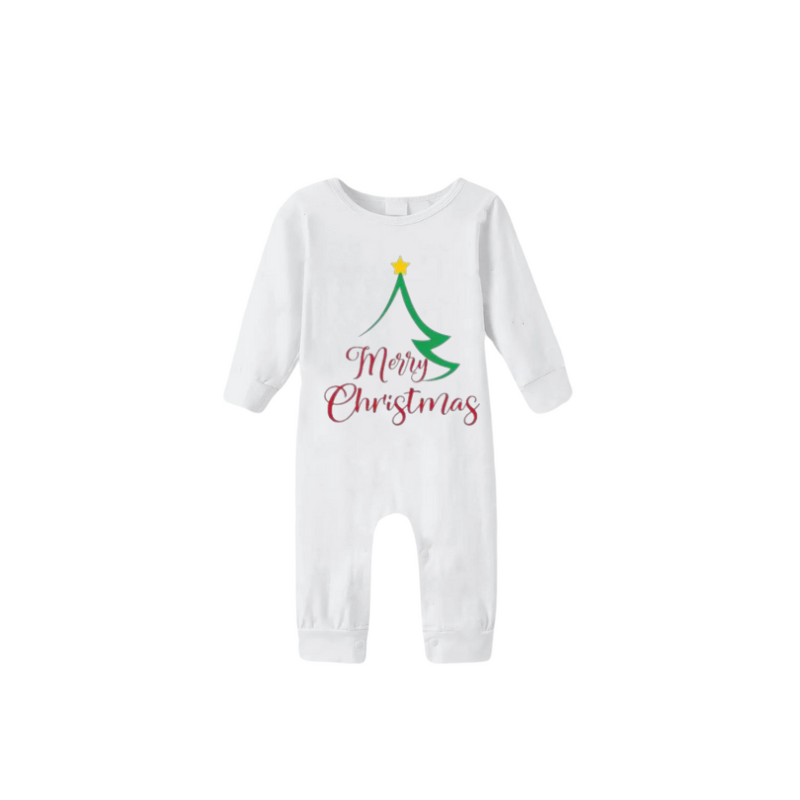 Drune | Weihnachtsbaum von Form mit Sternen und "Frohe Weihnachten" künstlerischer Schrift Weißes Langarmshirt mit roten und grünen karierten Hosen Familie passende Pyjamas