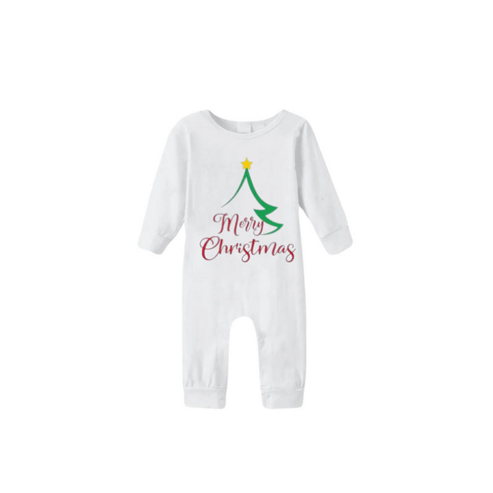 Drune | Weihnachtsbaum von Form mit Sternen und "Frohe Weihnachten" künstlerischer Schrift Weißes Langarmshirt mit roten und grünen karierten Hosen Familie passende Pyjamas