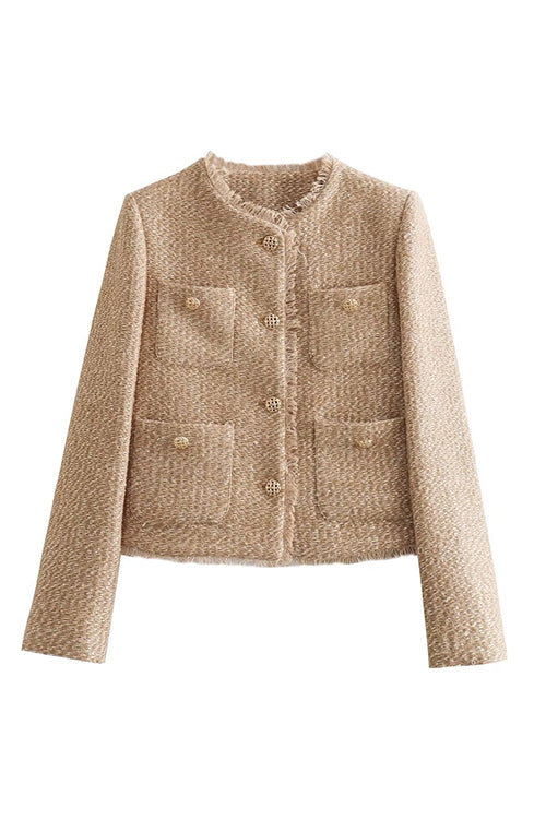 Drune | Knopfverschluss Destroyed Saum Kurze Tweedjacke