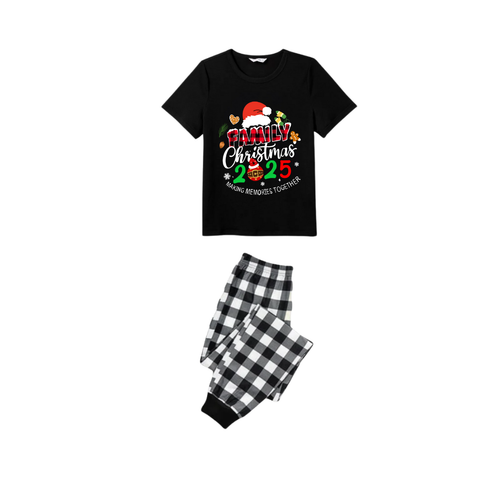 Drune | Gemeinsam Erinnerungen schaffen Familie Weihnachts 2025 Pyjama Set - Schwarzes Oberteil Schwarz-Weiße Karohosen Santa Hut Grafik