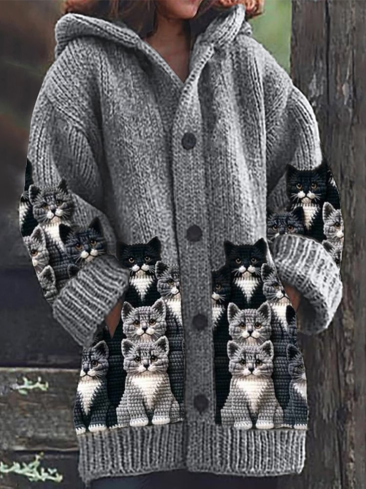 Drune | Gemütlicher Gestrickter Katze Druck Cardigan