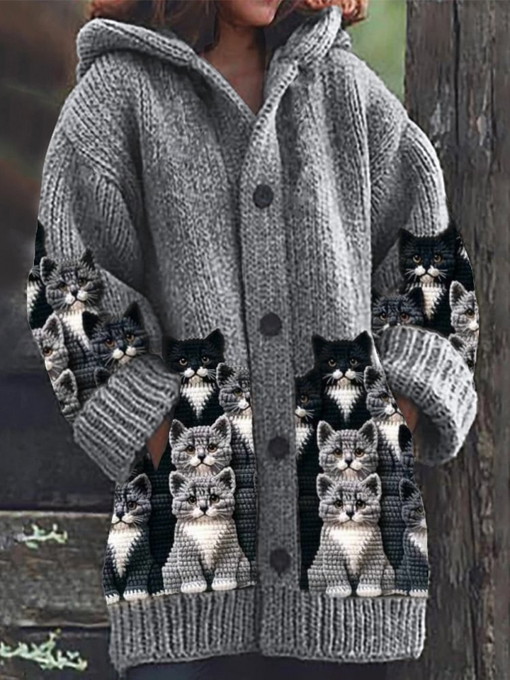 Drune | Gemütlicher Gestrickter Katze Druck Cardigan
