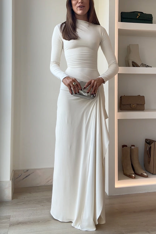 Drune | Lange Ärmel Drapiertes Schlitz Maxi Party Kleid