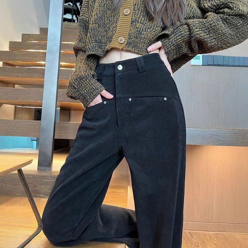 Schwarze Damen-Cordhose, hoch geschnitten
