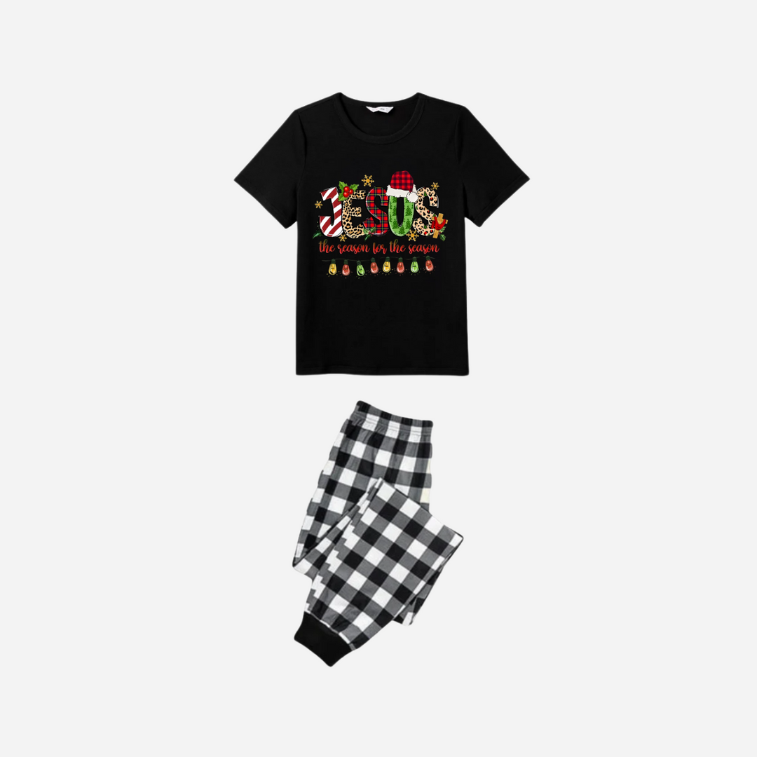 Drune | Jesus der Grund für die Saison Familie Weihnachts-Pyjama-Set - Schwarzes Oberteil mit schwarzer und weißer karierten Hose