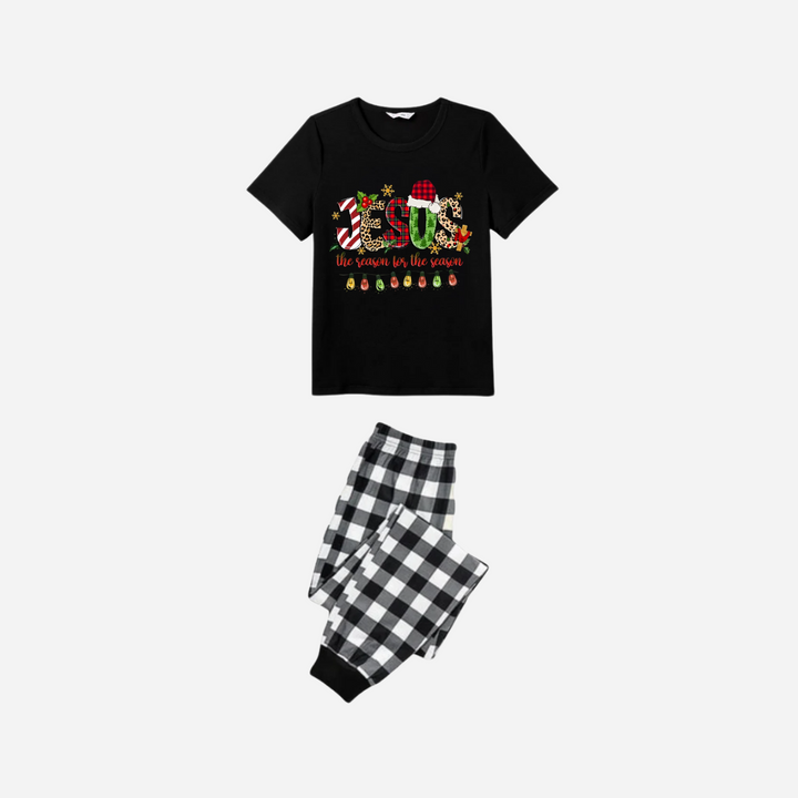 Drune | Jesus der Grund für die Saison Familie Weihnachts-Pyjama-Set - Schwarzes Oberteil mit schwarzer und weißer karierten Hose