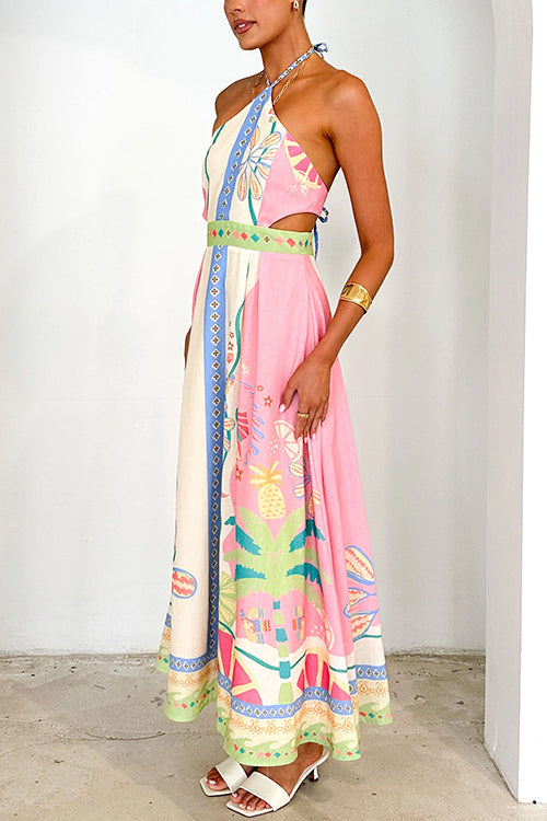 Drune | Halter Schnürung Rückenfreies Rio Print Maxi Kleid