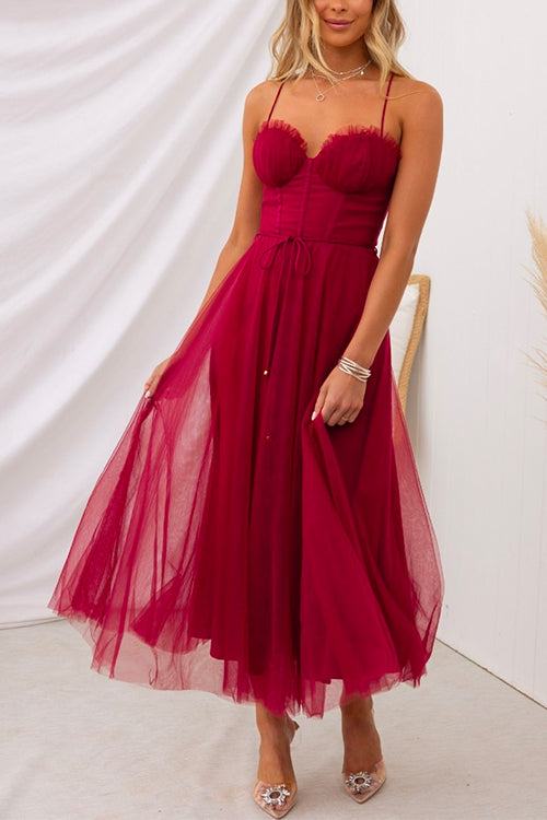 Drune | Rosiedress Offene Rücken Taillierte Swing Maxi Cami Tüll Kleid
