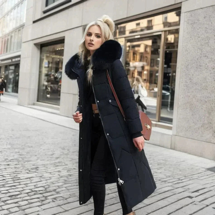 Drune | Lange Daunenjacke Gestepptes Design Abnehmbarer Kapuze mit Kunstfell