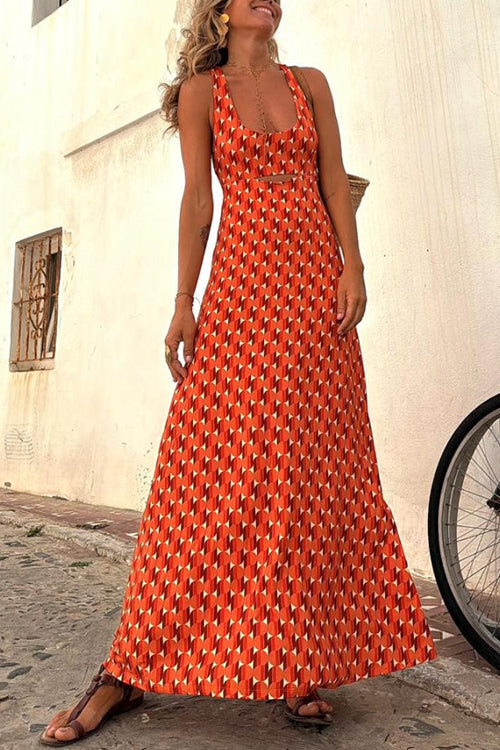 Drune | Scoop Neck Rückenfreies Geometrisches Print Maxi Cami Kleid