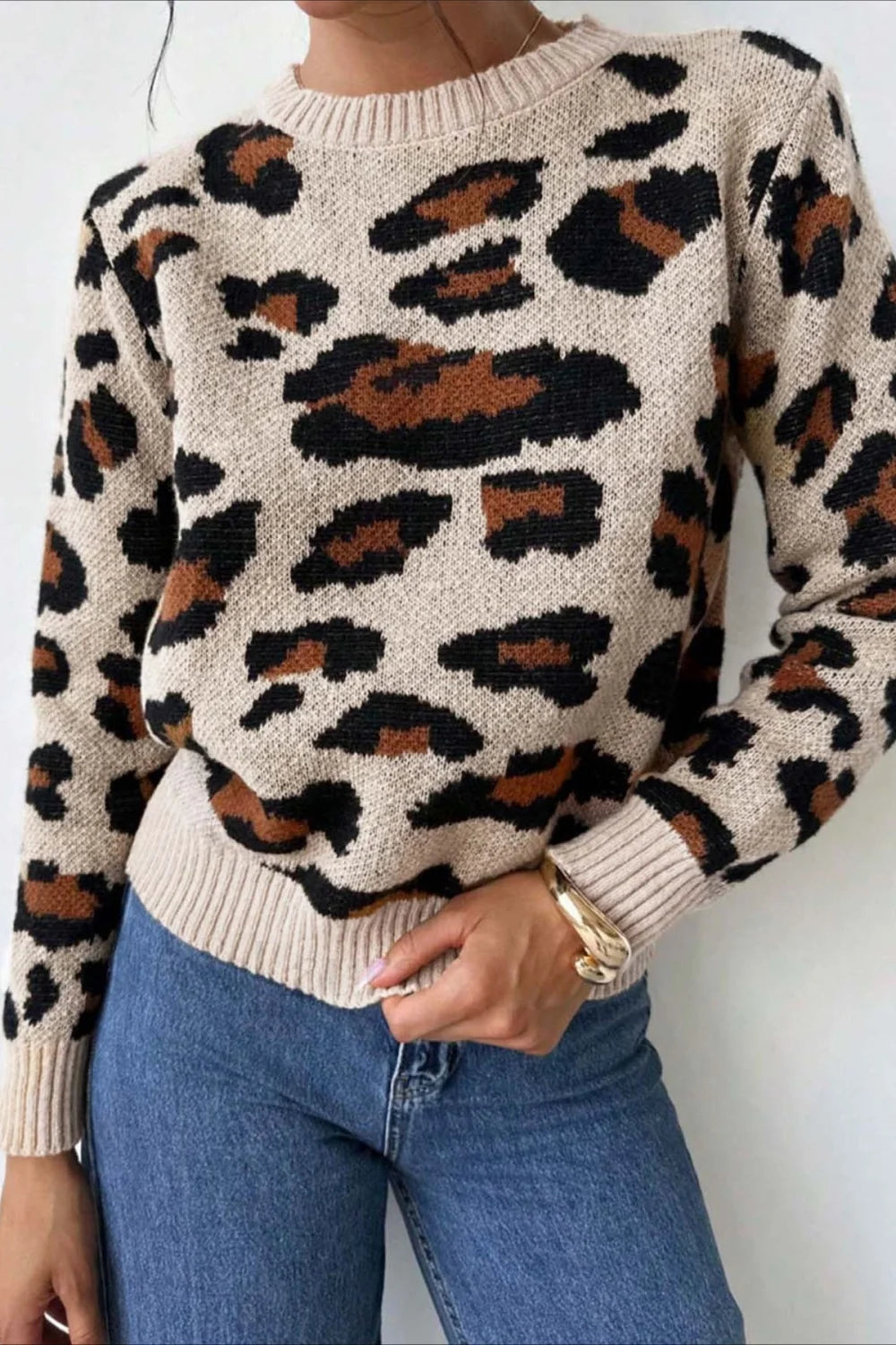 Drune | Stylish sweater with color blocking, leopard print, and round neckline