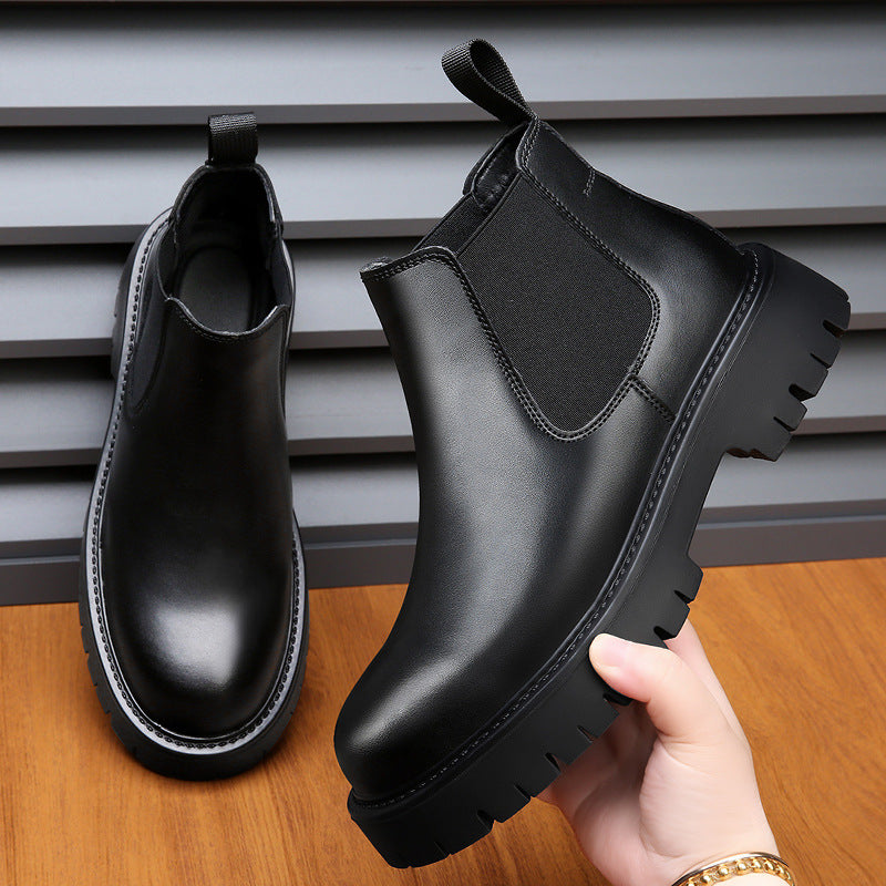 Herren-Stiefeletten, Leder, mittelhoher Absatz, rundes Design