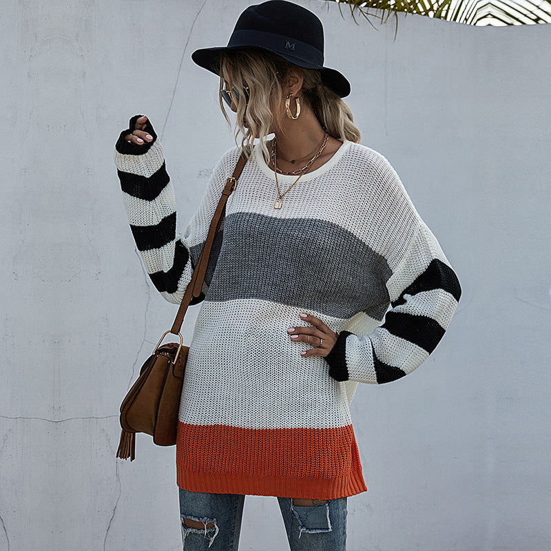 Damen Oversize-Feinstrickpullover im Blockdesign mit Off-Shoulder, gestreiften Ärmeln und geripptem Saum Drune
