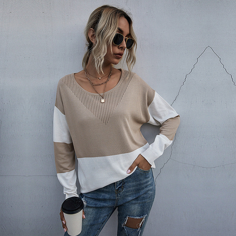 Damen Lässiger Strickpullover mit V-Ausschnitt und Farbblock Drune